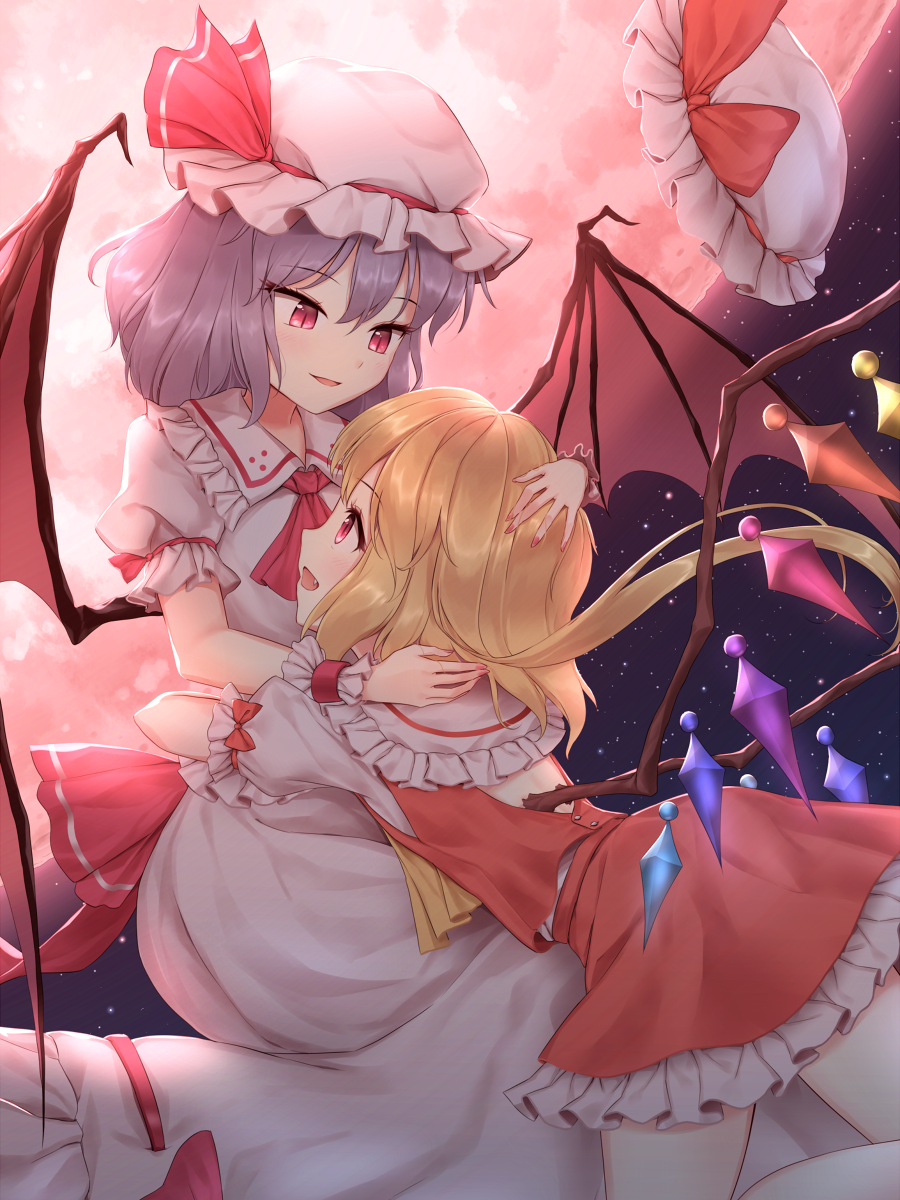 :d bat_wings blonde_hair commentary_request eyebrows_visible_through_hair eyes_visible_through_hair fang flandre_scarlet frilled_shirt_collar frilled_skirt frills full_moon hat highres hug long_hair medium_hair minust mob_cap moon multiple_girls open_mouth puffy_short_sleeves puffy_sleeves purple_hair red_eyes red_skirt red_vest remilia_scarlet shirt short_sleeves siblings sisters skirt skirt_set sky slit_pupils smile star_(sky) starry_sky touhou vest white_shirt wings wrist_cuffs