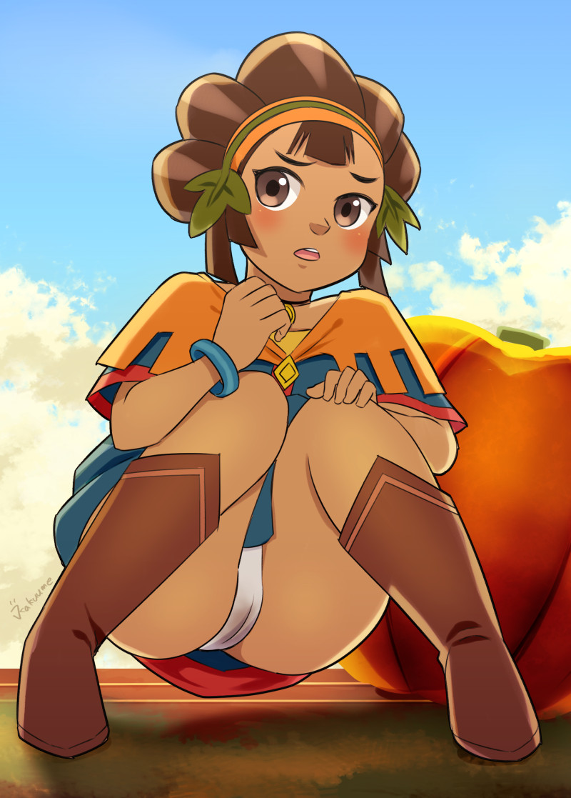 1girl blue_dress blue_sky blush boots bracelet brown_eyes brown_footwear brown_hair cameltoe cloud day dress female full_body hairband hand_up have_to_pee jewelry kakuume kina_(legend_of_zelda) knees_together_feet_apart looking_to_the_side matching_hair/eyes nintendo open_mouth orange_capelet outdoors panties pumpkin sky solo squatting teeth the_legend_of_zelda the_legend_of_zelda:_skyward_sword underwear upskirt wet wet_clothes wet_panties white_panties