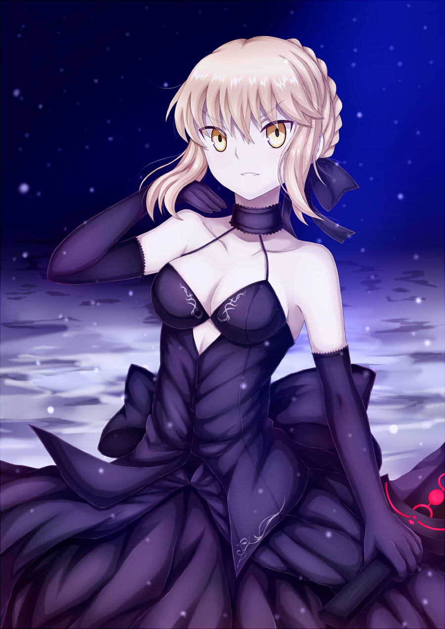 artoria_pendragon_(all) black_dress black_gloves black_ribbon blonde_hair braid breasts choker cleavage collarbone crown_braid dark_excalibur dress elbow_gloves eyebrows_visible_through_hair fate/stay_night fate_(series) gloves hair_between_eyes hair_ribbon hand_in_hair highres holding holding_sword holding_weapon looking_at_viewer medium_breasts outdoors ribbon saber_alter shiny shiny_hair sidelocks sleeveless sleeveless_dress snowing soda_(sodachuxd) solo sword weapon yellow_eyes