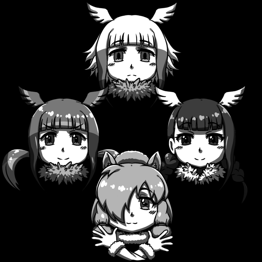 &gt;:) :3 acesrulez album_cover alpaca_ears alpaca_suri_(kemono_friends) animal_ears bangs bird_wings black-headed_ibis_(kemono_friends) blunt_bangs blush_stickers bohemian_rhapsody closed_mouth cover crossed_arms empty_eyes eyebrows_visible_through_hair face fur_collar greyscale hair_over_one_eye hands_up head_wings horizontal_pupils japanese_crested_ibis_(kemono_friends) kemono_friends long_hair medium_hair monochrome multicolored_hair multiple_girls outstretched_hand parody queen_(band) scarlet_ibis_(kemono_friends) short_hair smile twintails v-shaped_eyebrows wings
