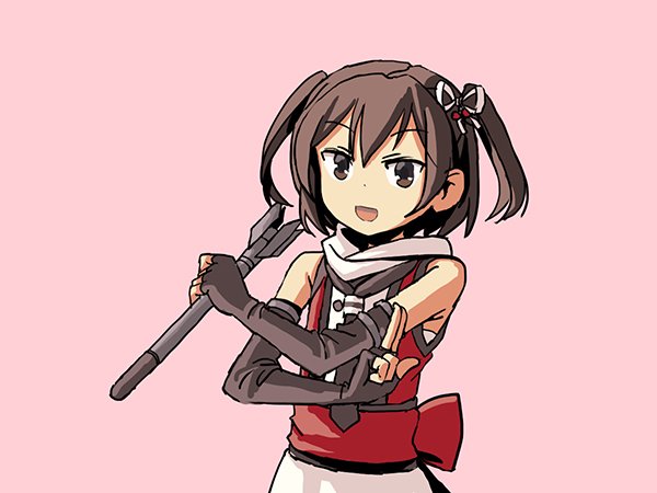 adrian_ferrer bare_shoulders brown_eyes brown_hair elbow_gloves fingerless_gloves gloves hair_ribbon kantai_collection neckerchief open_mouth pink_background remodel_(kantai_collection) reverse_grip ribbon scarf sendai_(kantai_collection) smile solo torpedo two_side_up upper_body white_scarf