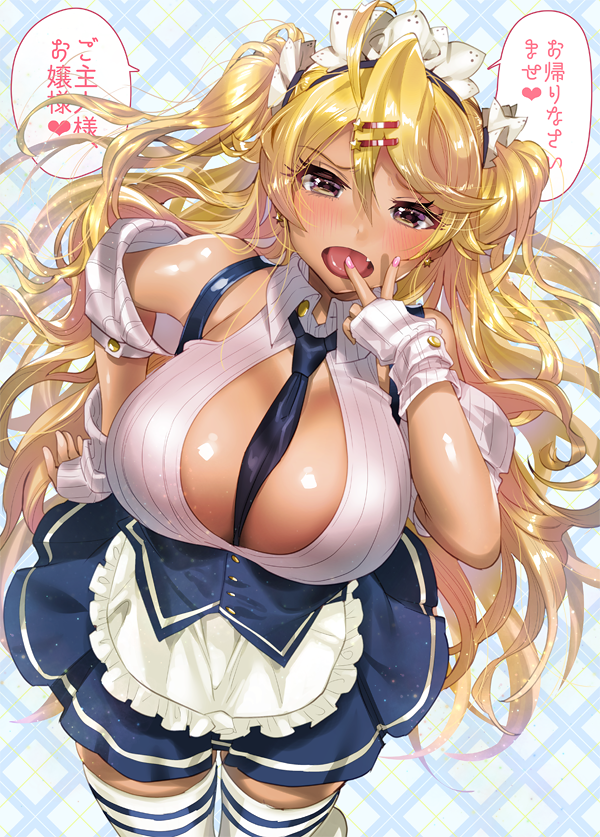 amaryllis apron between_breasts blonde_hair blue_skirt breasts check_translation collared_shirt commentary_request dark_skin earrings fang hair_ornament hairclip jewelry large_breasts long_hair maid maid_headdress necktie necktie_between_breasts ogino_atsuki open_clothes open_mouth open_shirt ouga_saki plaid plaid_background shirt skirt sleeveless sleeveless_shirt solo star star_earrings star_hair_ornament striped striped_legwear thighhighs translation_request very_long_hair virtual_youtuber waist_apron