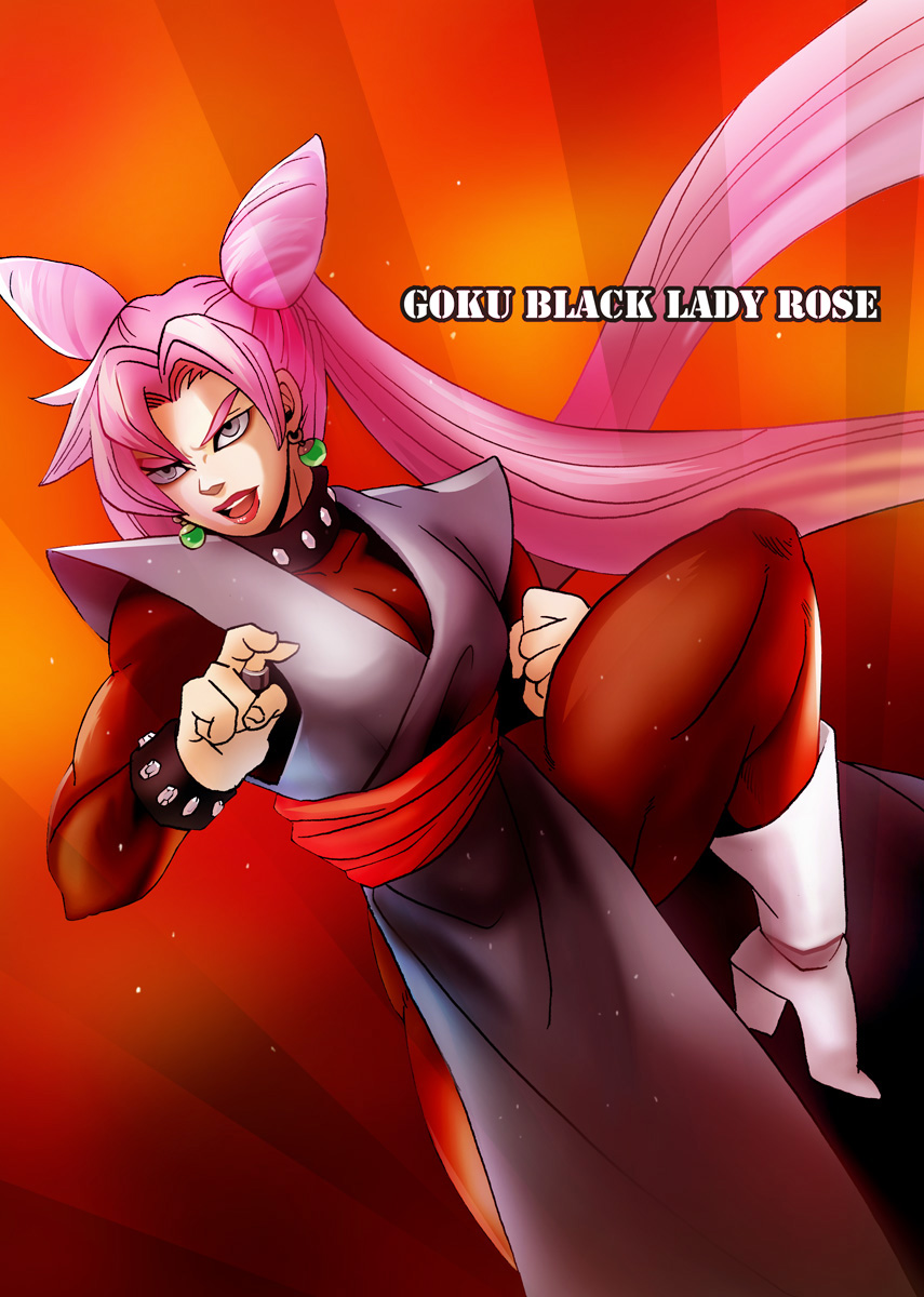 1girl artist_request bishoujo_senshi_sailor_moon black_dress black_lady boots breasts chibi_usa cosplay dragon_ball dragon_ball_super dress gokuu_black gokuu_black_(cosplay) jumping long_hair muscle muscular_female pink_hair serious solo twintails very_long_hair