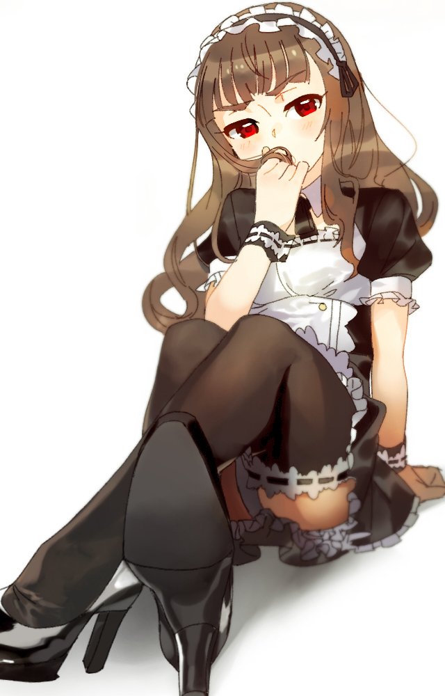 alternate_costume arm_support bangs black_footwear black_legwear blunt_bangs brown_hair commentary covering_mouth crossed_legs enmaided frilled_skirt frilled_sleeves frills hair_down hairband hand_over_own_mouth high_heels holding holding_hair idolmaster idolmaster_cinderella_girls kamiya_nao lolita_hairband long_hair looking_away maid puffy_sleeves red_eyes rn_p short_sleeves simple_background sitting skirt solo thick_eyebrows white_background wrist_cuffs