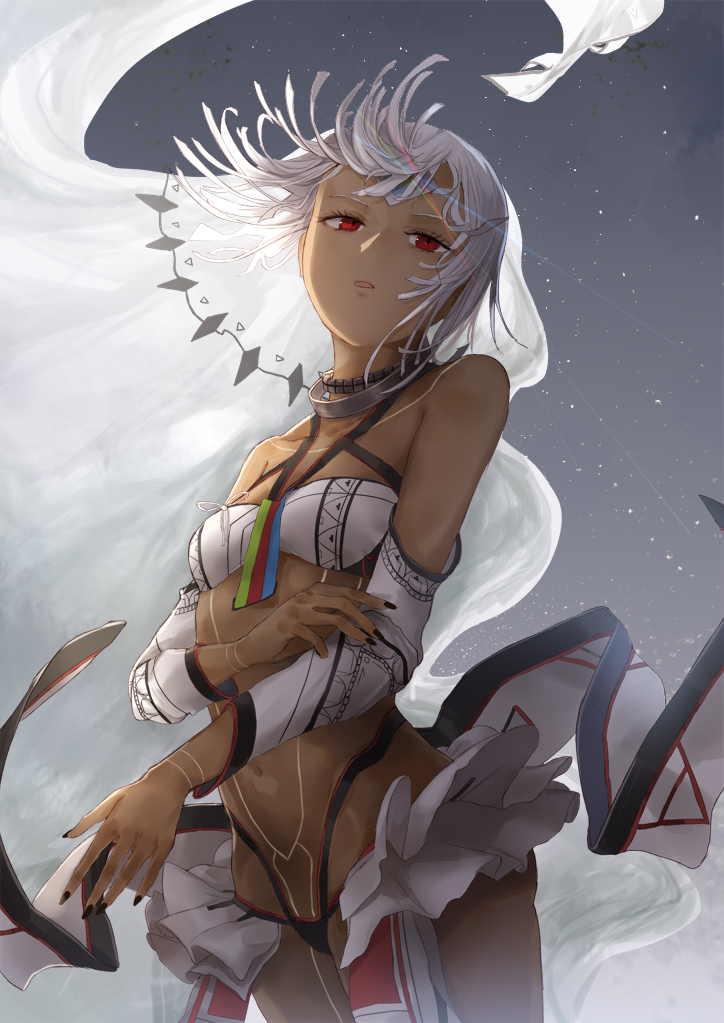 altera_(fate) bandeau bangs bare_shoulders black_nails black_panties breasts collarbone commentary cowboy_shot dark_skin detached_sleeves fate/extella fate/extra fate_(series) floating_hair full_body_tattoo grey_background grey_hair half-closed_eyes halter_top halterneck head_tilt kachi leg_tattoo legs_together light_rays looking_at_viewer nail_polish navel panties parted_lips print_sleeves red_eyes short_hair showgirl_skirt skirt small_breasts solo standing stomach stomach_tattoo tattoo underwear weapon white_bandeau white_skirt wind