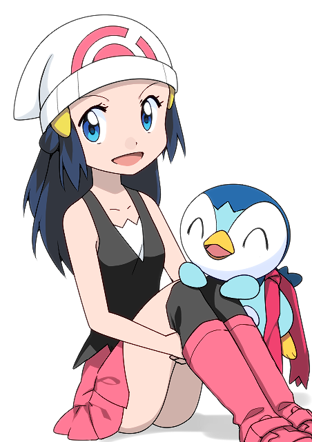 1girl bare_shoulders beanie black_legwear black_shirt blue_eyes blue_hair boots breasts collarbone creatures_(company) eyes_closed female game_freak gen_4_pokemon hair_ornament hairclip hands_together happy hat hikari_(pokemon) kneehighs knees_up legs_together long_hair looking_at_viewer miniskirt nintendo open_mouth pink_footwear pink_scarf pink_skirt piplup pleated_skirt poke_ball_symbol poke_ball_theme pokemon pokemon_(creature) pokemon_(game) pokemon_dppt scarf shirt simple_background sitting skirt sleevelsss_shirt small_breasts smile solo_focus white_background white_hat yuihiko