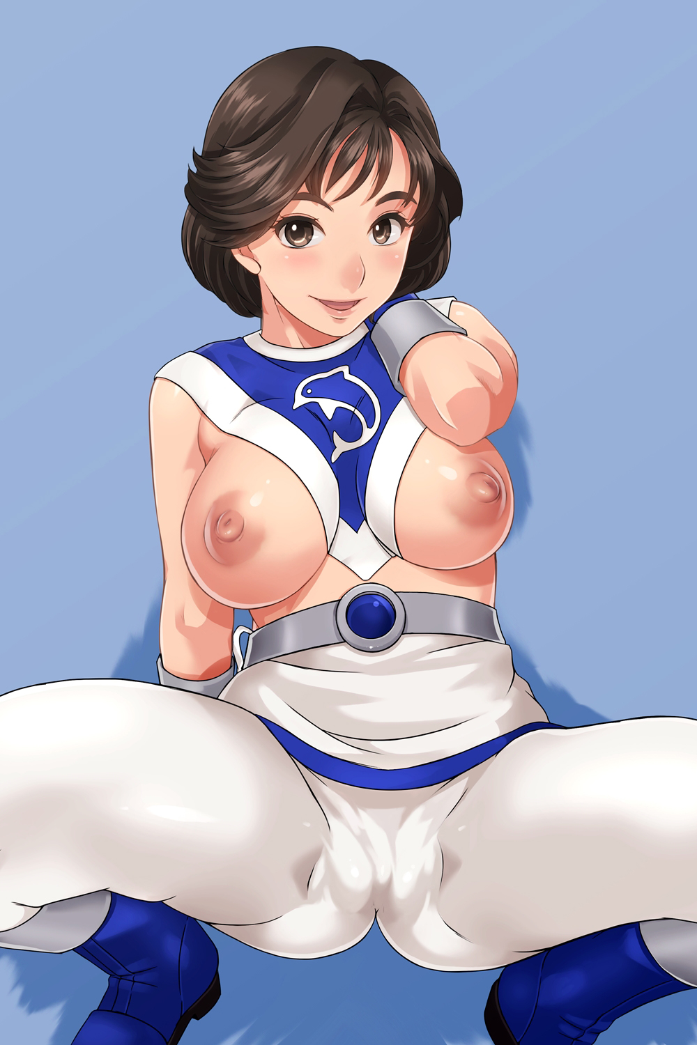 1girl arm_up belt black_eyes black_hair blue_background blue_dolphin blue_footwear blush bodysuit boots breasts choujuu_sentai_liveman erect_nipples eyebrows feet full_body highres large_breasts legs looking_at_viewer matching_hair/eyes misaki_megumi nipples parted_lips puffy_nipples sakuradou shiny shiny_hair short_hair simple_background skirt smile solo spread_legs squatting super_sentai thighs third-party_edit topless white_skirt