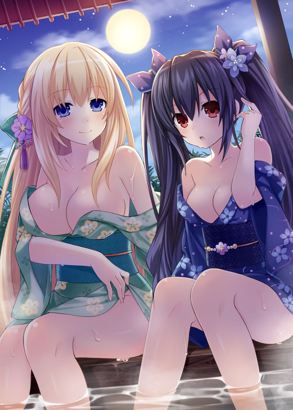 2girls :o bare_shoulders black_hair blonde_hair blue_eyes blush breasts cleavage clothes_lift female flower full_moon hair_flower hair_ornament hair_ribbon japanese_clothes kimono kimono_lift large_breasts long_hair looking_at_viewer medium_breasts moon multiple_girls neptune_(series) night no_panties noire off_shoulder official_art red_eyes ribbon sitting smile tsunako twintails vert very_long_hair water yukata yukata_lift