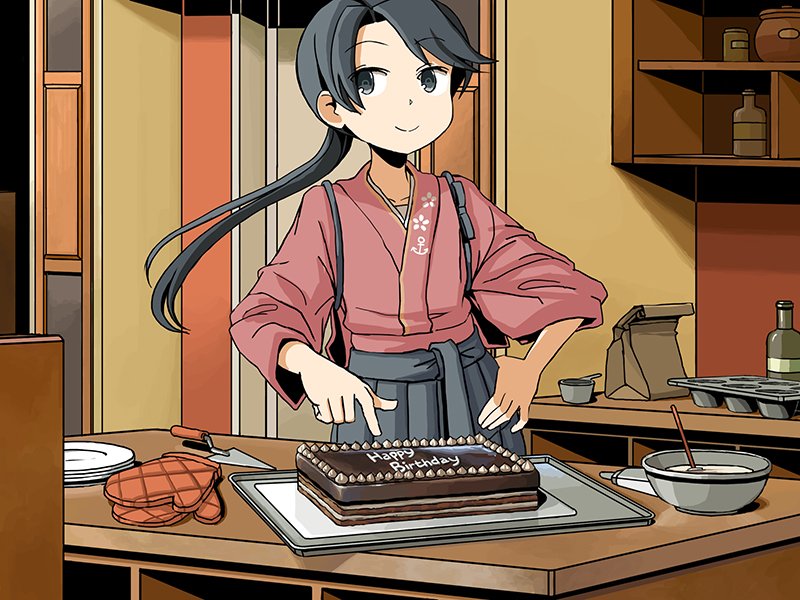 adrian_ferrer anchor_symbol bag birthday_cake black_eyes black_hair bottle bowl cake commentary counter cupboard english_commentary floral_print food hakama_skirt hand_on_hip houshou_(kantai_collection) jar kantai_collection mittens mixing_bowl paper_bag pointing ponytail solo