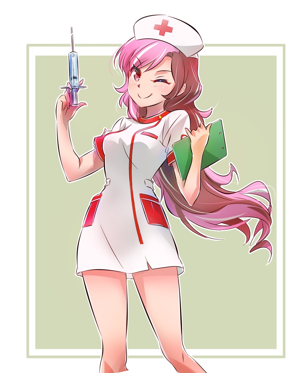 blush brown_eyes brown_hair clipboard commentary english_commentary hat heterochromia highres iesupa long_hair looking_at_viewer multicolored_hair neo_(rwby) nurse nurse_cap one_eye_closed pink_eyes pink_hair rwby smile solo syringe