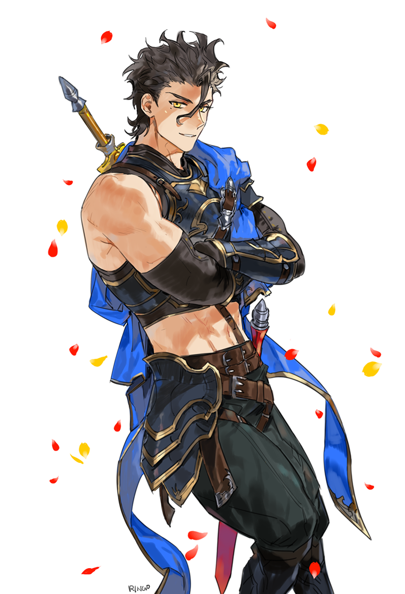 artist_name belt black_hair blue_cape breastplate brown_belt cape confetti crossed_arms diarmuid_ua_duibhne_(fate/grand_order) fate/grand_order fate_(series) g0ringo gauntlets lancer_(fate/zero) looking_at_viewer male_focus midriff parted_lips sleeveless solo sword weapon yellow_eyes