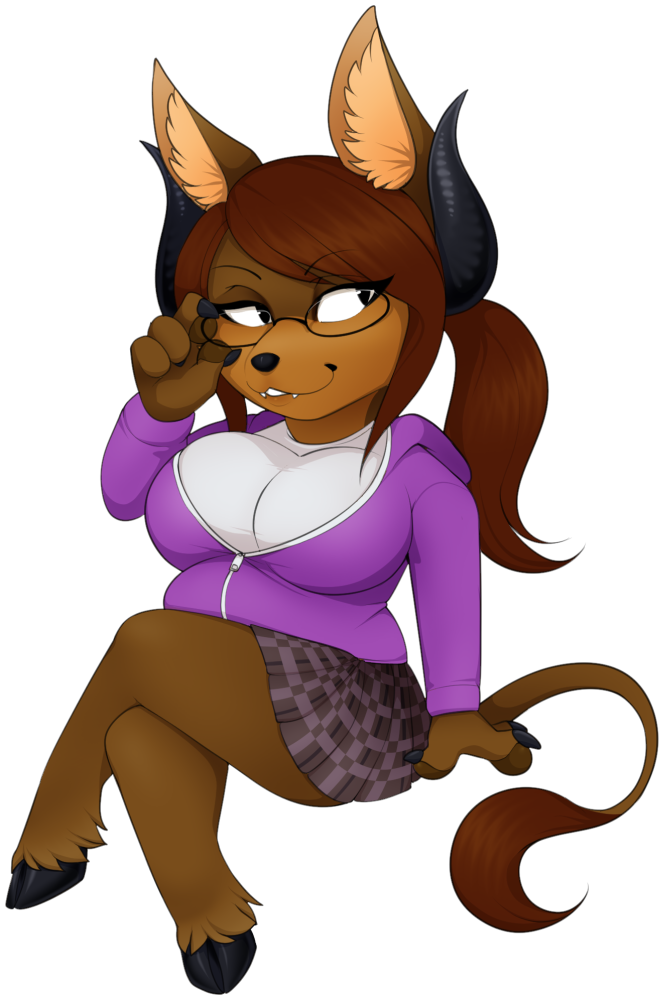 2018 anthro big_breasts bovine breasts brown_fur brown_hair canine cattle chibi clothed clothing eyewear female fur glasses hair hooves horn huge_breasts hybrid madamsquiggles mammal purple_eyes slightly_chubby smile solo swan_lovejoy teeth wolf