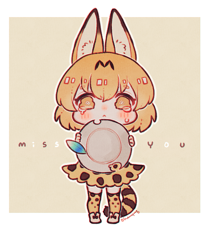 animal_ears belt blonde_hair blush bucket_hat commentary eyebrows_visible_through_hair feathers full_body hat high-waist_skirt hn_(artist) kemono_friends multicolored_hair serval_(kemono_friends) serval_ears serval_print serval_tail short_hair signature skirt solo tail tearing_up tears thighhighs wavy_eyes yellow_eyes zettai_ryouiki