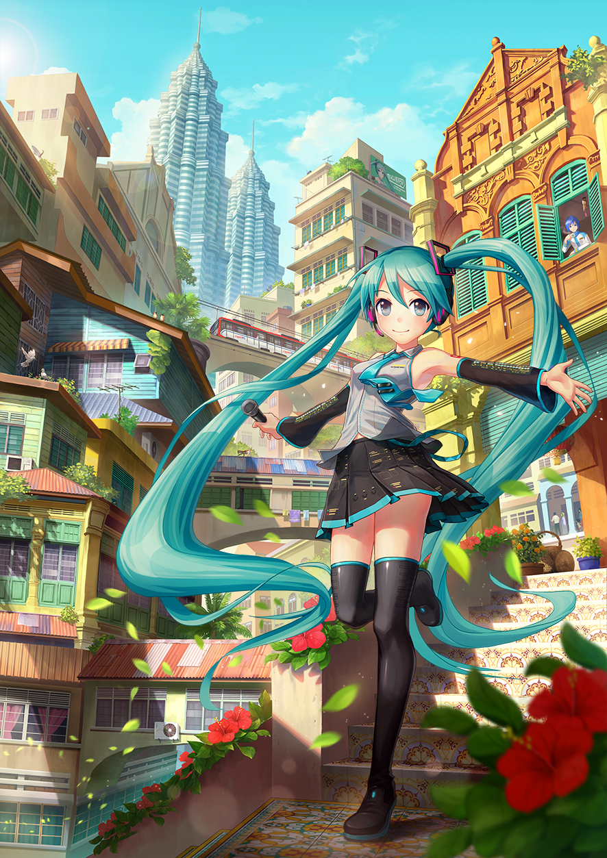 1girl black_footwear black_skirt blue_eyes blue_hair blush boots chong_feigiap closed_mouth day faceless flower hatsune_miku highres kaito knee_boots long_hair looking_at_viewer malaysia outdoors petronas_twin_towers scenery skirt sky smile solo_focus stairs twintails very_long_hair vocaloid