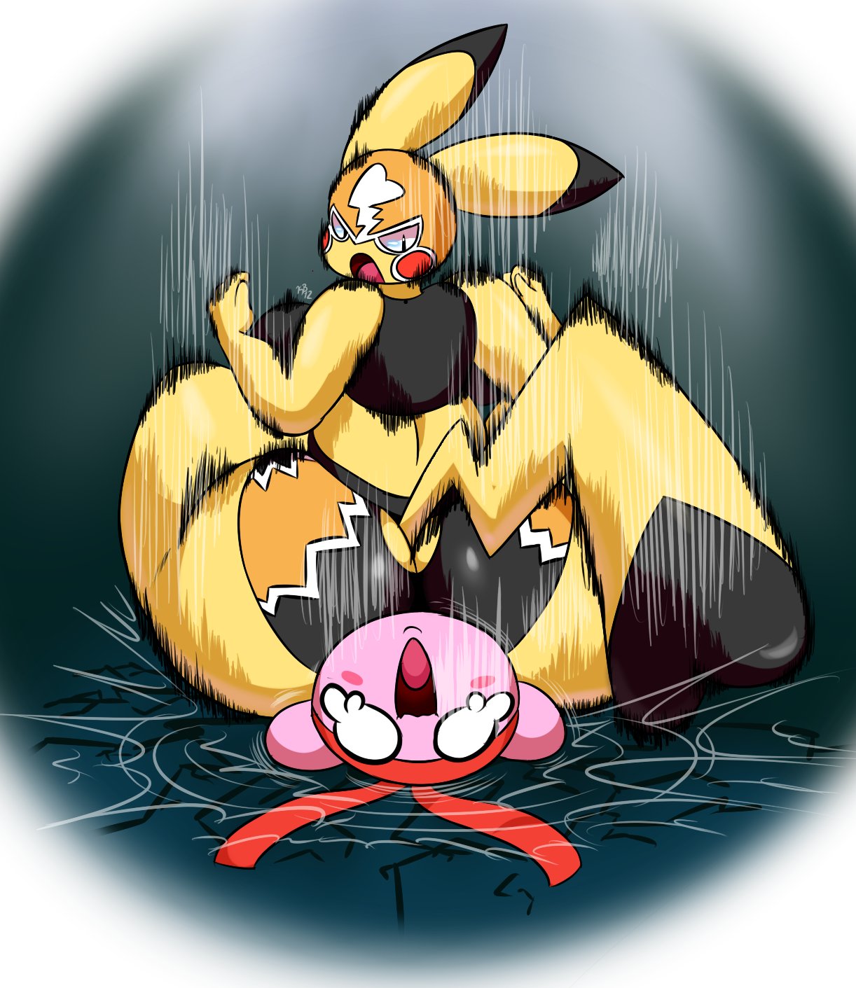 2018 alien ambiguous_gender angry anthro better_version_at_source big_breasts big_butt breasts butt butt_crush cleft_tail clothed clothing cosplay_pikachu domination duo female female_domination fight hi_res huge_butt human kirbot12 kirby kirby_(series) larger_female looking_back mammal mask nintendo not_furry pain pikachu pikachu_libre pinned pok&eacute;mon pok&eacute;mon_(species) side_boob size_difference smaller_ambiguous thick_thighs video_games waddling_head wide_hips