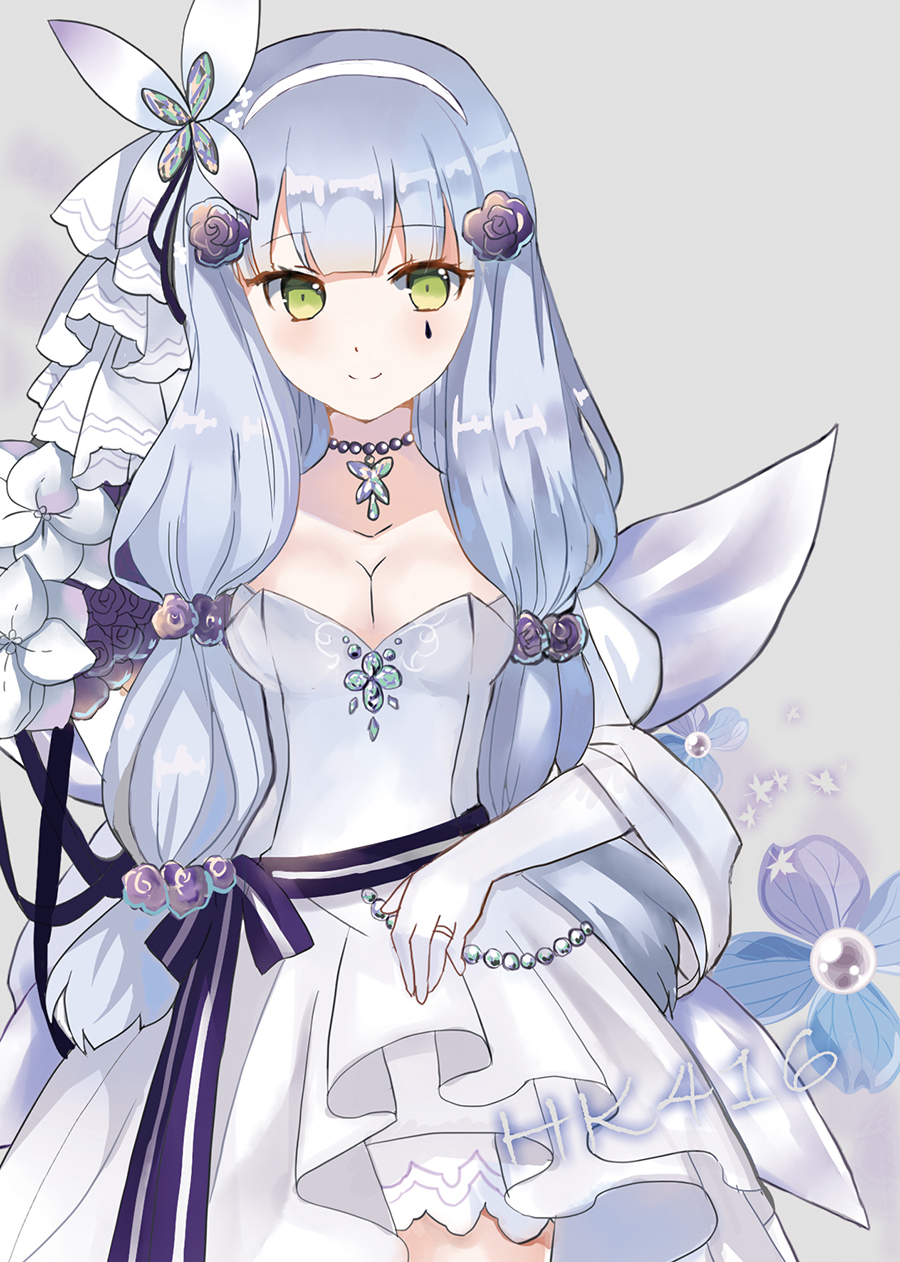 bangs blue_flower blush bow breasts butterfly_hair_ornament cleavage closed_mouth collarbone commentary_request dress elbow_gloves eyebrows_visible_through_hair facial_mark flower girls_frontline gloves green_eyes grey_background hair_ornament hairband highres hk416_(girls_frontline) jewelry long_hair looking_at_viewer lunacats medium_breasts necklace pearl_necklace pleated_dress purple_bow purple_ribbon ribbon ring silver_hair smile solo strapless strapless_dress striped striped_bow striped_ribbon very_long_hair white_dress white_flower white_gloves white_hairband