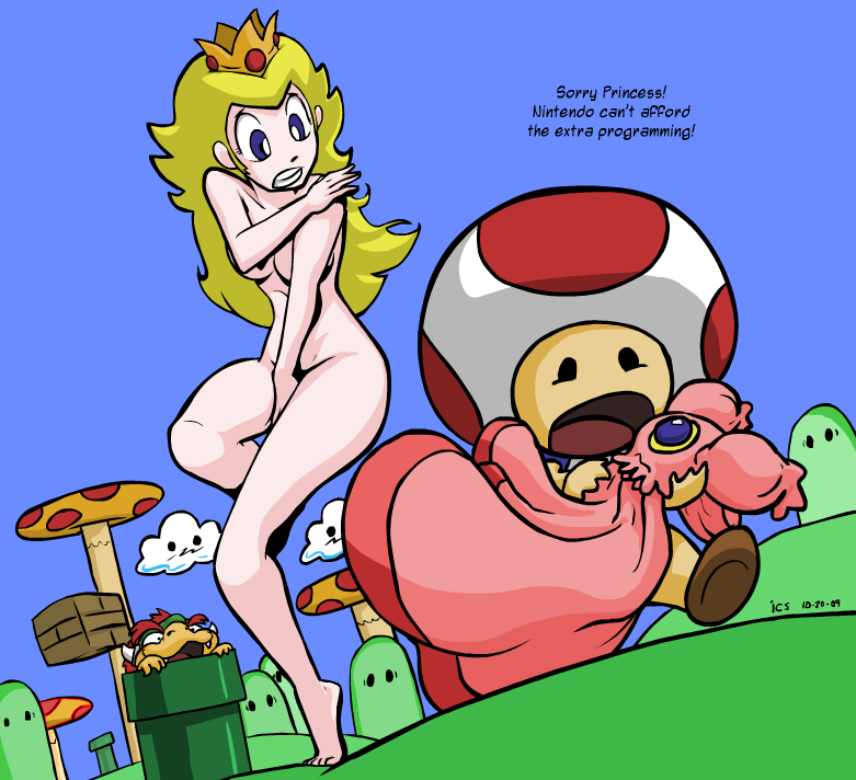 2boys arched_soles bangs barefoot blonde_hair blue_eyes blue_sky bowser breasts clenched_teeth clothes_theft cloud comic covering covering_breasts covering_crotch crown day dress dress_removed dutch_angle embarrassed english fangs flat_color ian_samson legs long_hair mario_(series) multiple_boys nude open_mouth outdoors pink_dress princess princess_peach running signature sky solid_oval_eyes source_request super_mario_bros. teeth theft toad warp_pipe
