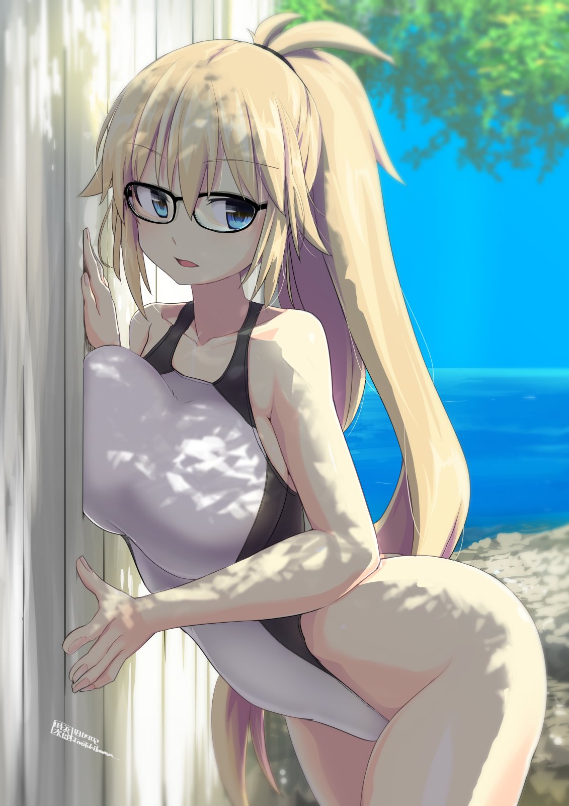 against_wall artist_name ass bare_shoulders blonde_hair blue_eyes breast_press breasts commentary competition_swimsuit cowboy_shot day fate/grand_order fate_(series) glasses hands_on_wall highres hips jeanne_d'arc_(fate)_(all) jeanne_d'arc_(swimsuit_archer) large_breasts leaning leaning_to_the_side long_hair ocean one-piece_swimsuit ponytail shade shadow solo swimsuit thighs tokihama_jirou tree tree_shade wall white_swimsuit wooden_wall