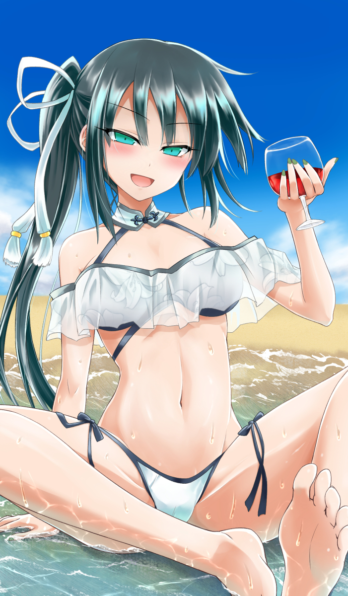 :d bangs bare_shoulders beach bikini black_bikini_top blue_sky blush breasts cloud collarbone commentary_request cup cupping_glass day drink drinking_glass eyebrows_visible_through_hair fate/grand_order fate_(series) fingernails green_eyes green_hair green_nails hair_between_eyes hand_up highres jing_ke_(fate/grand_order) long_hair medium_breasts nail_polish navel open_mouth outdoors sand shallow_water side-tie_bikini side_ponytail sidelocks sitting sky smile solo swimsuit ugatsu_matsuki very_long_hair water wet white_bikini_top wine_glass