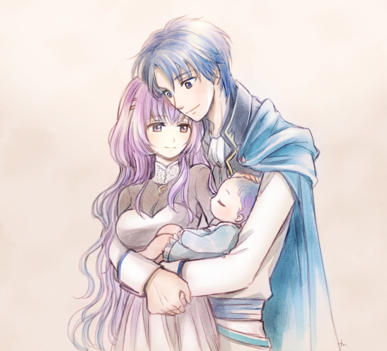1girl 2boys baby blue_eyes blue_hair breasts cape celice_(fire_emblem) cleavage cowboy_shot diadora_(fire_emblem) dress eyebrows_visible_through_hair eyes_closed family father_and_son fire_emblem fire_emblem:_seisen_no_keifu hira_(otemoto84) hug husband_and_wife long_hair long_sleeves looking_at_another medium_breasts mother_and_son multiple_boys neckerchief nintendo purple_background purple_eyes purple_hair shirt short_hair sigurd_(fire_emblem) simple_background sleeping smile wavy_hair