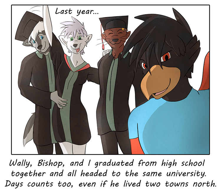 ... avian beak bishop_locke black_fur brown_fur canine celebration clothing colrblnd_(artist) comic days_felter dog duzt_(artist) english_text female fur graduation grey_fur gryphon invalid_tag malamute male mammal measureup mustelid otta_rinsky otter robe samoyed text walter_moss white_fur