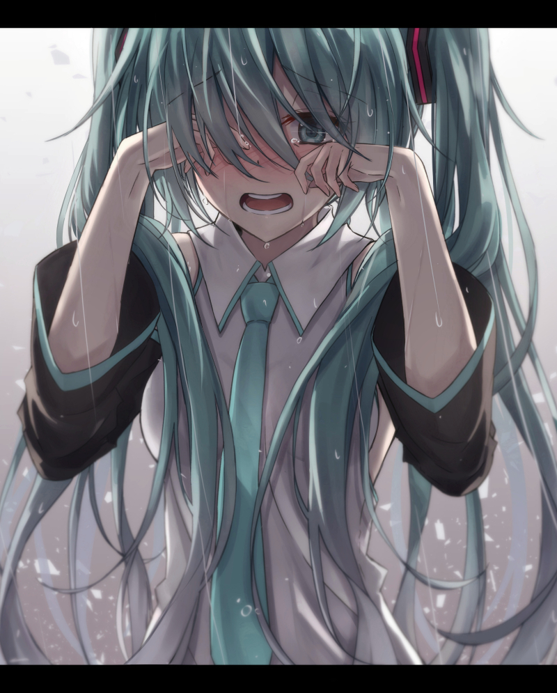 akira_(been0328) arm_up bangs bare_shoulders blush breasts collared_shirt commentary_request crying crying_with_eyes_open detached_sleeves eyebrows_visible_through_hair green_eyes green_hair green_neckwear hair_between_eyes hair_ornament hand_up hatsune_miku letterboxed long_hair long_sleeves looking_at_viewer medium_breasts necktie nose_blush open_mouth rain round_teeth rubbing_eyes shirt sleeveless sleeveless_shirt solo tears teeth twintails upper_teeth very_long_hair vocaloid white_shirt wide_sleeves wiping_tears