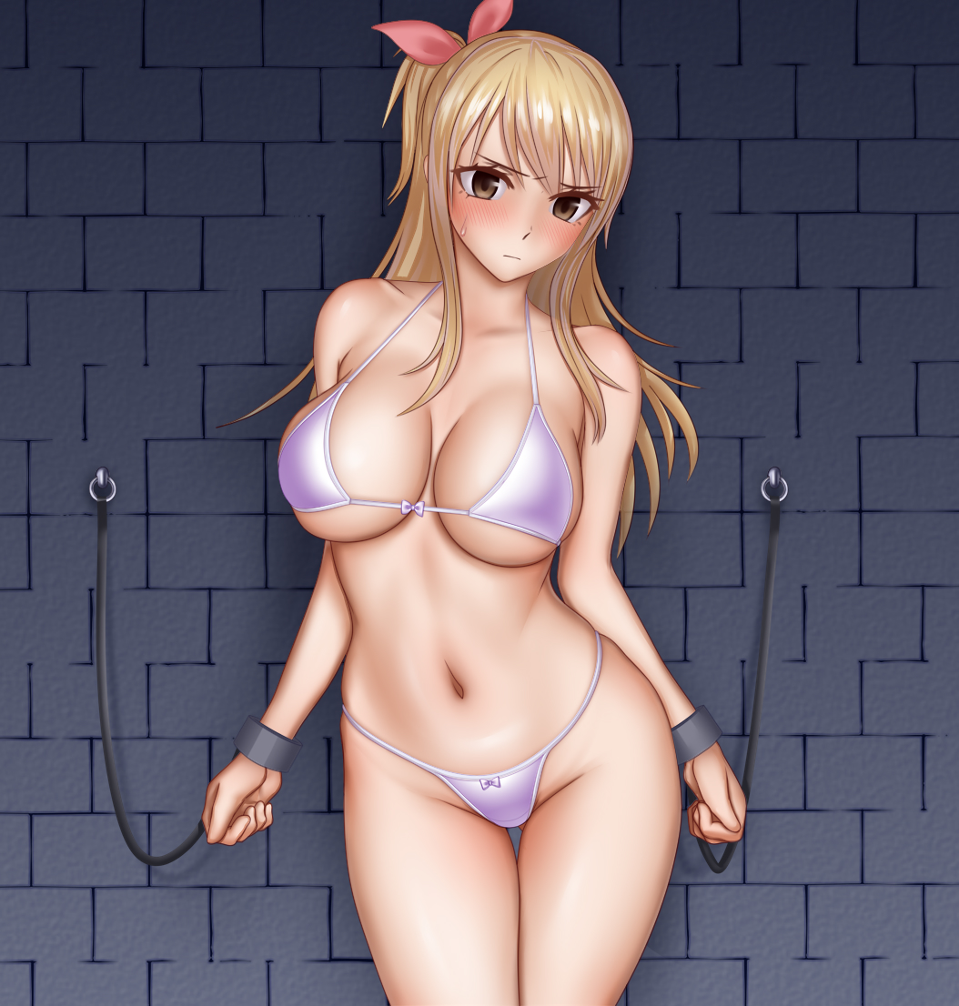 against_wall ass_visible_through_thighs bangs blonde_hair blush bow bow_bra bow_panties bra breasts brick_wall clenched_hands closed_mouth cowboy_shot cuffs eyebrows_visible_through_hair fairy_tail groin hair_ribbon highleg highleg_panties indoors large_breasts light_frown long_hair looking_at_viewer lucy_heartfilia navel one_side_up panties pink_ribbon ponte restrained ribbon shackles solo standing string_bra string_panties sweatdrop thigh_gap thighs underwear white_bra white_panties