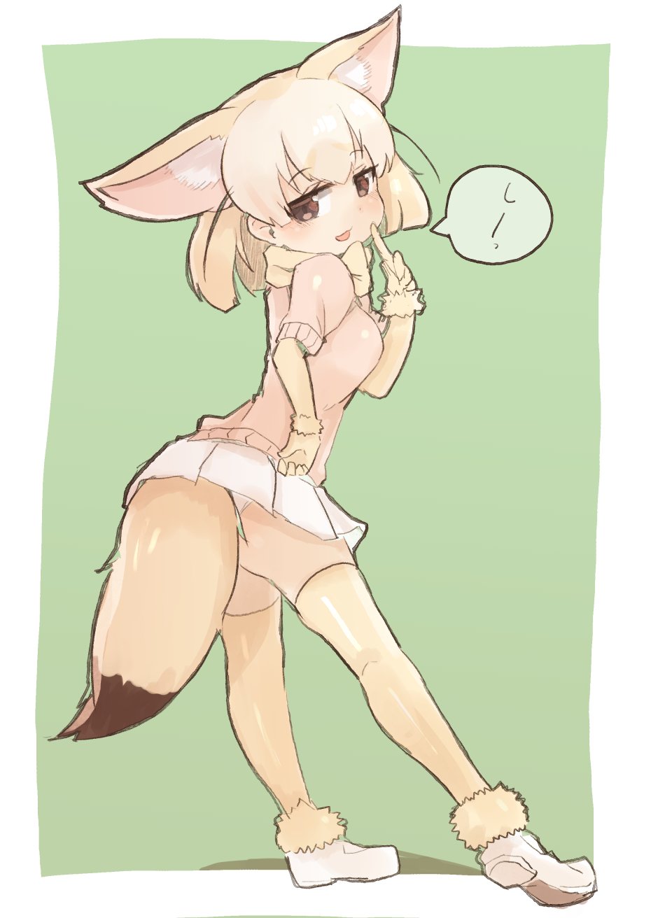 animal_ear_fluff animal_ears blonde_hair commentary_request elbow_gloves fennec_(kemono_friends) finger_to_cheek finger_to_mouth fox_ears fox_tail full_body fur_trim gloves hand_on_hip highres kemono_friends panties panty_peek pantyshot pleated_skirt puffy_short_sleeves puffy_sleeves short_hair short_sleeves shushing skirt solo tail teranekosu thighhighs translated underwear
