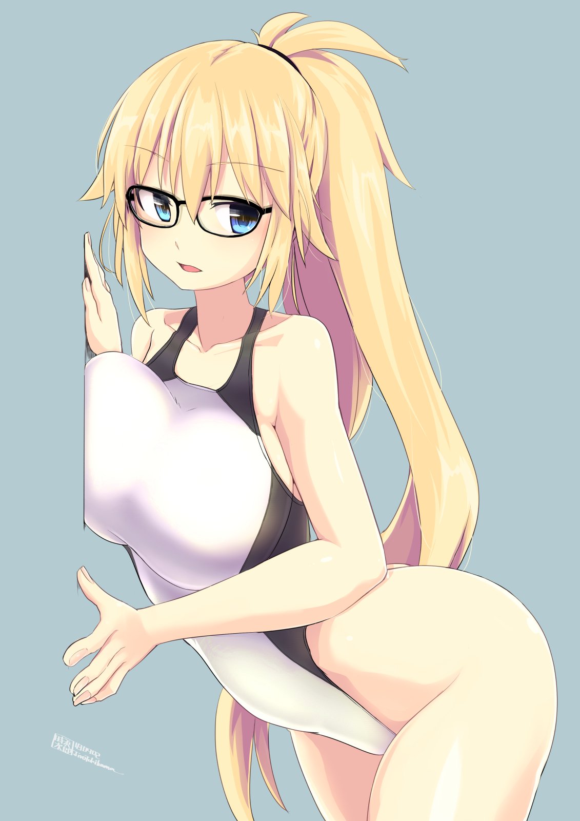 against_wall artist_name ass bare_shoulders blonde_hair blue_background blue_eyes breast_press breasts commentary competition_swimsuit cowboy_shot fate/grand_order fate_(series) glasses hands_on_wall highres hips invisible_wall jeanne_d'arc_(fate)_(all) jeanne_d'arc_(swimsuit_archer) large_breasts leaning leaning_to_the_side long_hair one-piece_swimsuit ponytail simple_background solo swimsuit thighs tokihama_jirou wall white_swimsuit