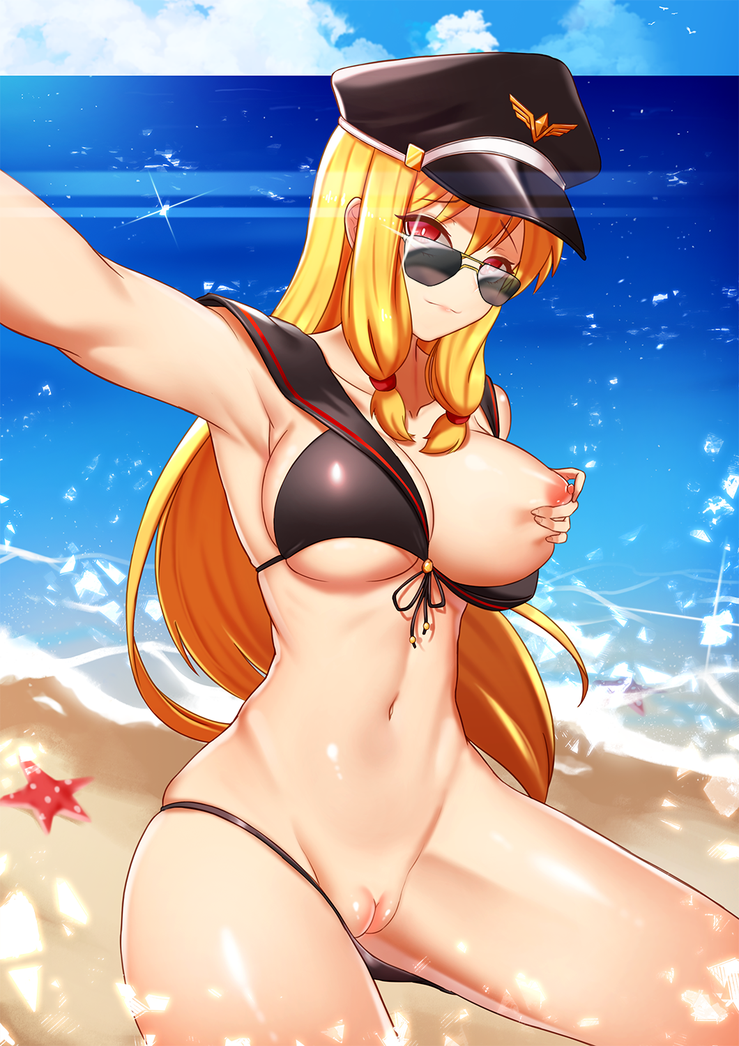 blonde_hair breasts day daydream_(zhdkffk21) dungeon_and_fighter fat_mons female_gunner_(dungeon_and_fighter) highres large_breasts nipples ocean pussy reaching_out red_eyes self_shot starfish stomach sunglasses swimsuit uniform