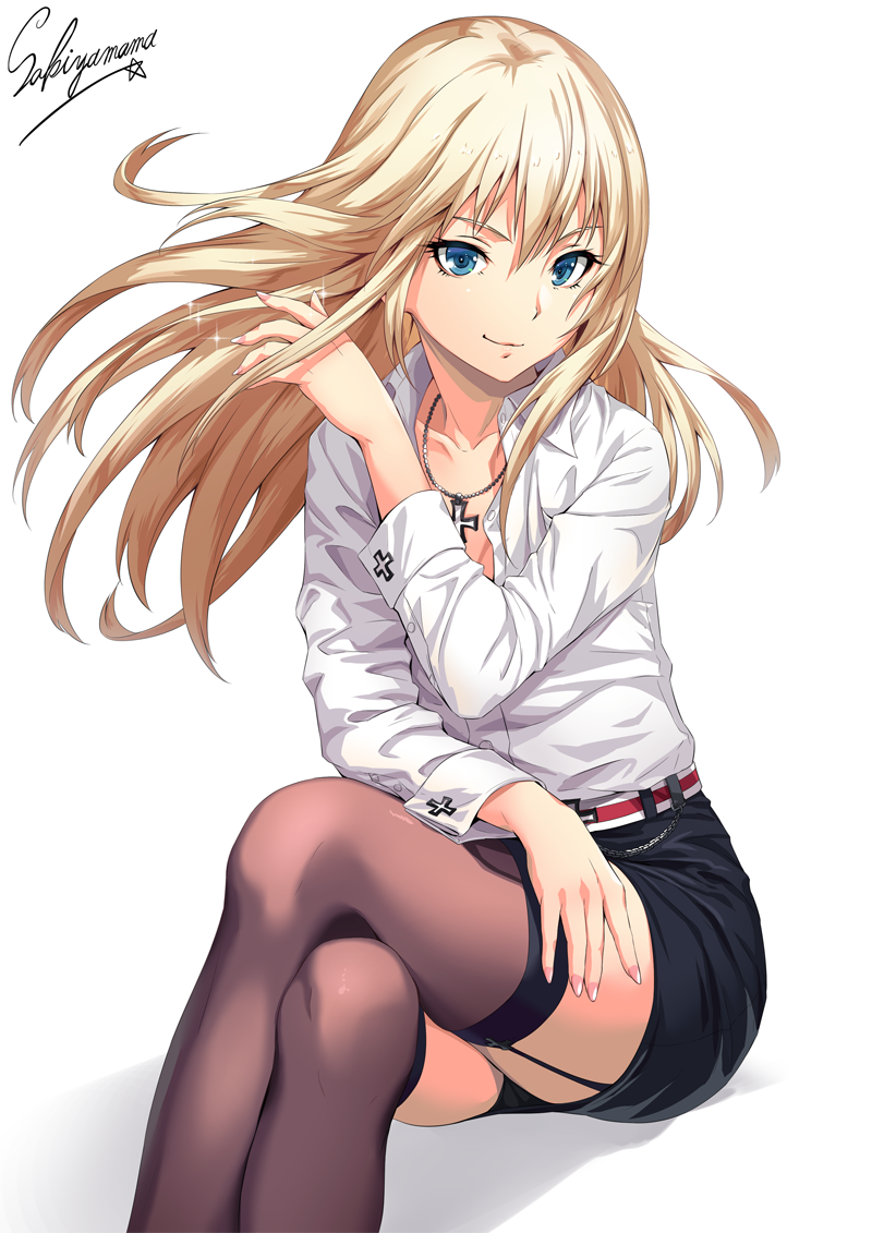 alternate_costume artist_name bangs belt belt_buckle bismarck_(kantai_collection) black_panties black_skirt blonde_hair blouse blue_eyes brown_legwear buckle chain collarbone collared_blouse commentary_request cross cross_necklace crossed_legs cuff_links eyebrows_visible_through_hair fingernails floating_hair garter_straps hand_in_hair hand_on_own_thigh hand_up high-waist_skirt high_belt iron_cross jewelry kantai_collection long_hair long_sleeves looking_at_viewer miniskirt nail_polish necklace office_lady open_blouse open_clothes panties pencil_skirt pink_nails sakiyamama shadow shirt_tucked_in sidelocks signature simple_background sitting skindentation skirt sleeve_cuffs smile solo sparkle thighhighs thighs underwear white_background white_blouse