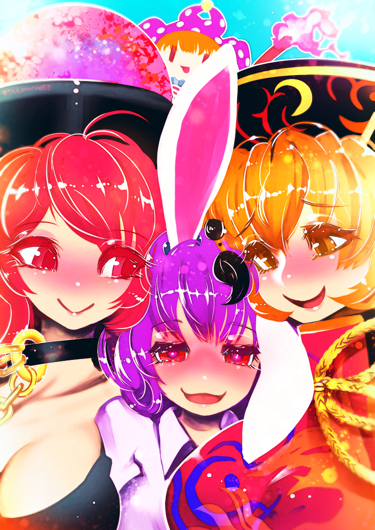:3 :d animal_ears bangs black_hat breasts bunny_ears chain cleavage closed_mouth clownpiece crescent eyebrows_visible_through_hair fire furrowed_eyebrows gold_chain hair_between_eyes hakkasame hat hecatia_lapislazuli jester_cap junko_(touhou) large_breasts multiple_girls open_mouth orange_eyes orange_hair polka_dot polka_dot_hat polos_crown purple_hair red_eyes red_hair reisen_udongein_inaba shirt smile tabard torch touhou white_shirt