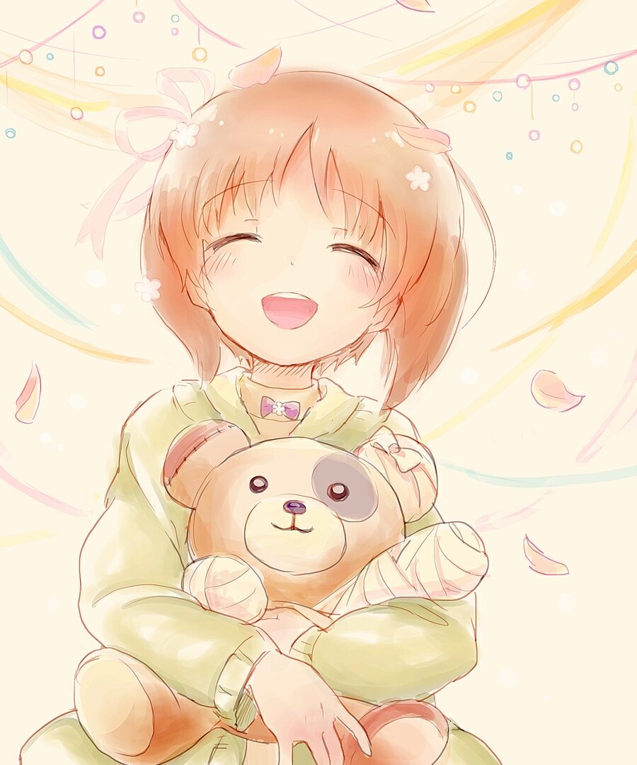 bandages bangs boko_(girls_und_panzer) brown_eyes brown_hair closed_eyes commentary eyebrows_visible_through_hair facing_viewer girls_und_panzer green_sweater hair_ribbon holding holding_stuffed_animal kosame_koori long_sleeves nishizumi_miho open_mouth petals pink_ribbon ribbon short_hair smile solo standing stuffed_animal stuffed_toy sweater teddy_bear upper_body