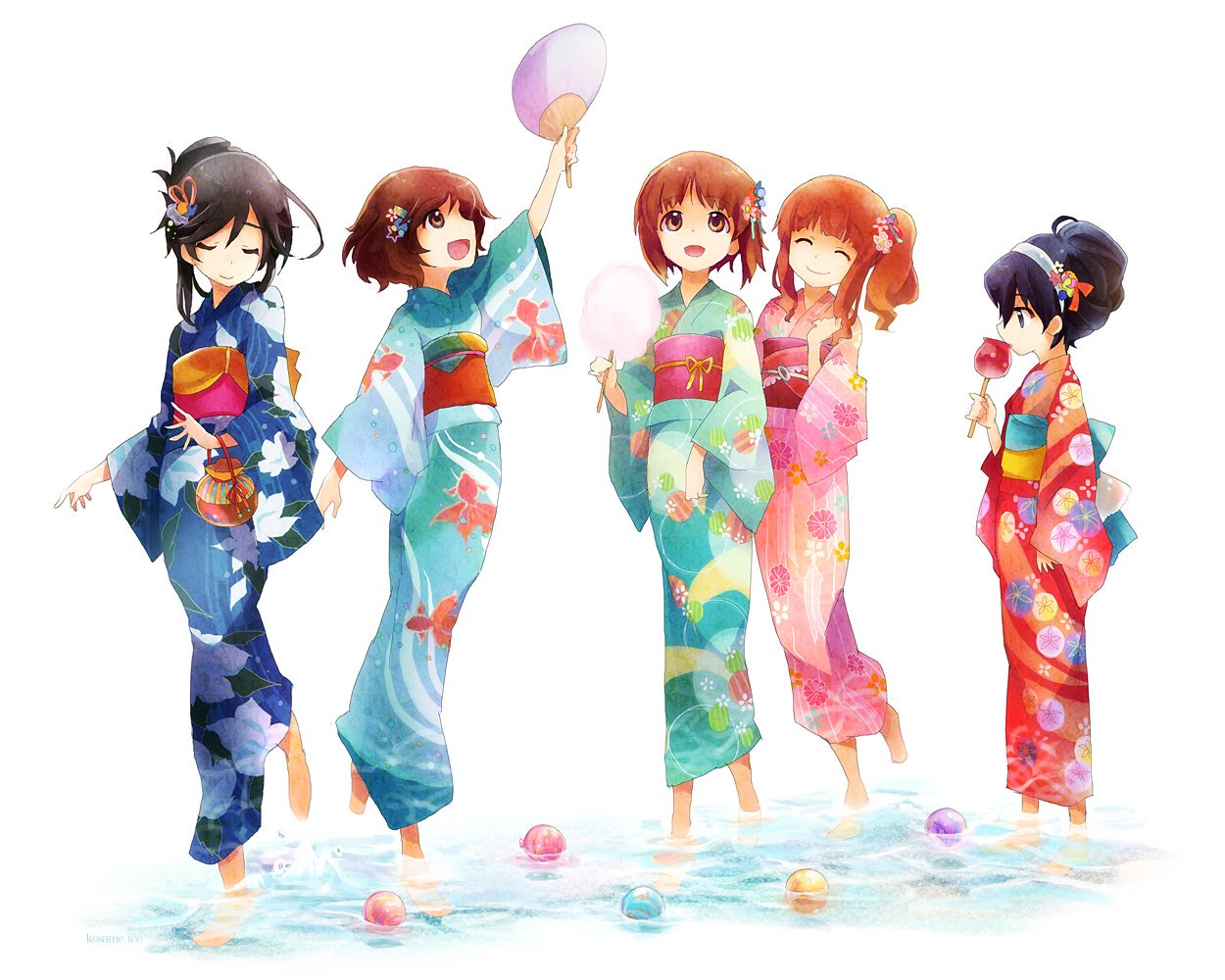 akiyama_yukari alternate_hairstyle arm_up bangs black_hair blue_kimono blunt_bangs brown_eyes brown_hair candy_apple closed_mouth commentary cotton_candy eating fan food girls_und_panzer green_kimono hair_bun hair_ornament hair_up hairband holding isuzu_hana japanese_clothes kimono kosame_koori long_hair long_sleeves looking_at_another looking_up messy_hair multiple_girls nishizumi_miho obi open_mouth orange_hair paper_fan pink_kimono print_kimono pursed_lips red_kimono reizei_mako sash short_hair side_ponytail simple_background sky smile standing standing_on_one_leg swept_bangs takebe_saori wading water_balloon white_background white_hairband wide_sleeves