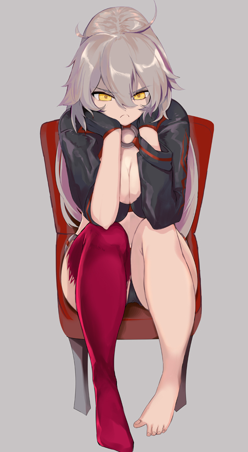 ahoge barefoot bikini_bottom bikini_top breasts chair cleavage commentary_request fate_(series) frown gloves grey_background grey_hair hair_between_eyes hands_on_own_cheeks hands_on_own_face jacket jeanne_d'arc_(alter_swimsuit_berserker) jeanne_d'arc_(fate)_(all) kanameya long_hair long_sleeves looking_at_viewer shrug_(clothing) simple_background single_thighhigh sitting solo swimsuit thighhighs yellow_eyes