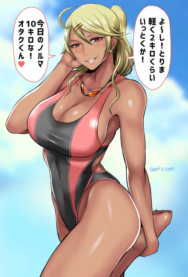 amaryllis blonde_hair breasts cleavage cloud cloudy_sky collarbone commentary_request competition_swimsuit day earrings goggles goggles_around_neck gyaru hair_ornament hairclip jewelry kogal large_breasts long_hair looking_at_viewer one-piece_swimsuit open_mouth ouga_saki red_eyes shibusun sky solo star star_earrings swimsuit twitter_username virtual_youtuber