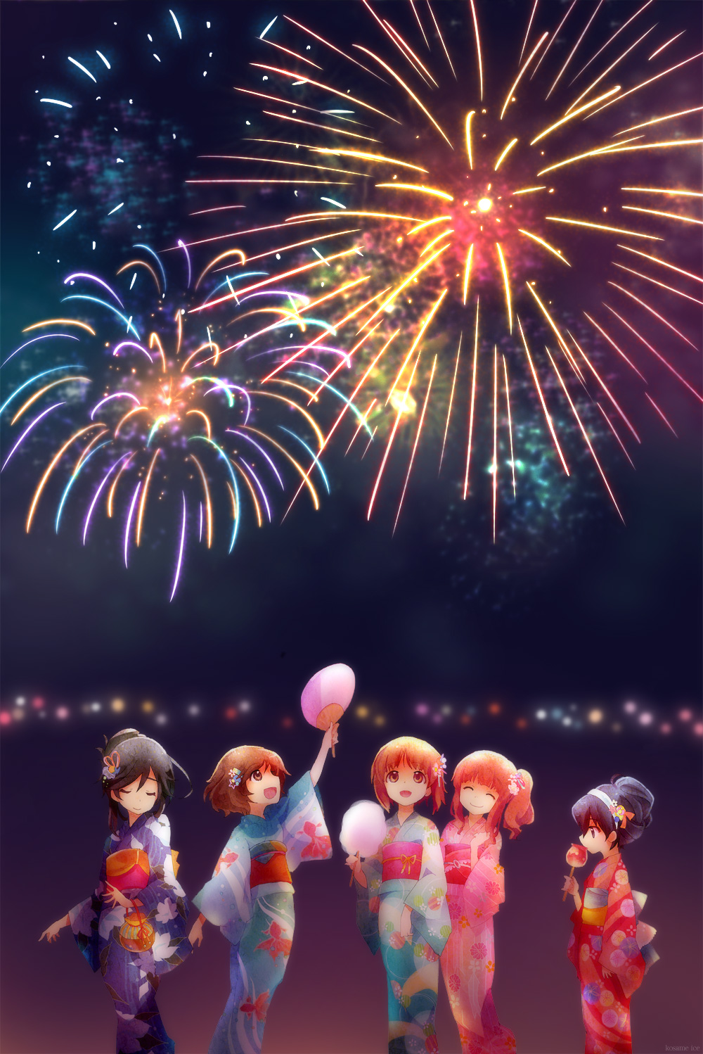 aerial_fireworks akiyama_yukari alternate_hairstyle arm_up bangs black_hair blue_kimono blunt_bangs brown_eyes brown_hair candy_apple closed_mouth commentary cotton_candy eating fan fireworks food girls_und_panzer green_kimono hair_bun hair_ornament hair_up hairband highres holding isuzu_hana japanese_clothes kimono kosame_koori long_hair long_sleeves looking_at_another looking_up messy_hair multiple_girls night night_sky nishizumi_miho obi open_mouth orange_hair paper_fan pink_kimono print_kimono pursed_lips red_kimono reizei_mako sash short_hair side_ponytail sky smile squatting standing standing_on_one_leg swept_bangs takebe_saori white_hairband wide_sleeves