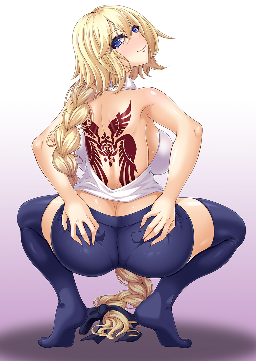 1girl artist_request ass ass_grab back backless_outfit bare_shoulders blonde_hair blue_eyes blush braid breasts butt_crack deep_skin fate/grand_order fate_(series) fingernails from_behind hair_ribbon jeanne_d'arc_(fate)_(all) large_breasts long_fingernails long_hair looking_at_viewer looking_back pantylines ribbon sharp_fingernails shiny shiny_clothes shiny_hair shiny_skin shorts sideboob single_braid smile solo squatting thighhighs very_long_hair