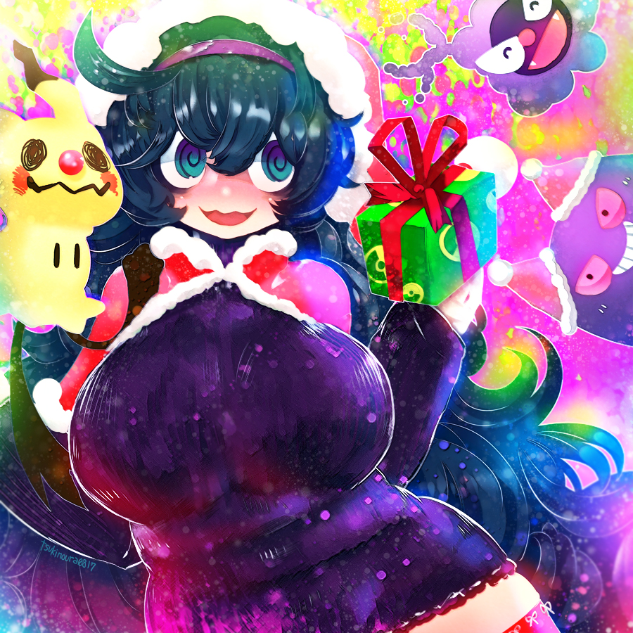 :d ahoge al_bhed_eyes alternate_breast_size bangs blue_eyes blue_hair breasts christmas colorful commentary_request dark_blue_hair gastly gen_1_pokemon gen_7_pokemon gengar gift hair_between_eyes hairband hakkasame hat hex_maniac_(pokemon) huge_breasts long_hair long_sleeves messy_hair mimikyu npc_trainer open_mouth pokemon pokemon_(creature) pokemon_(game) pokemon_xy purple_hairband purple_sweater red_hat ribbed_sweater santa_hat smile solo sweater thighhighs turtleneck turtleneck_sweater wavy_mouth