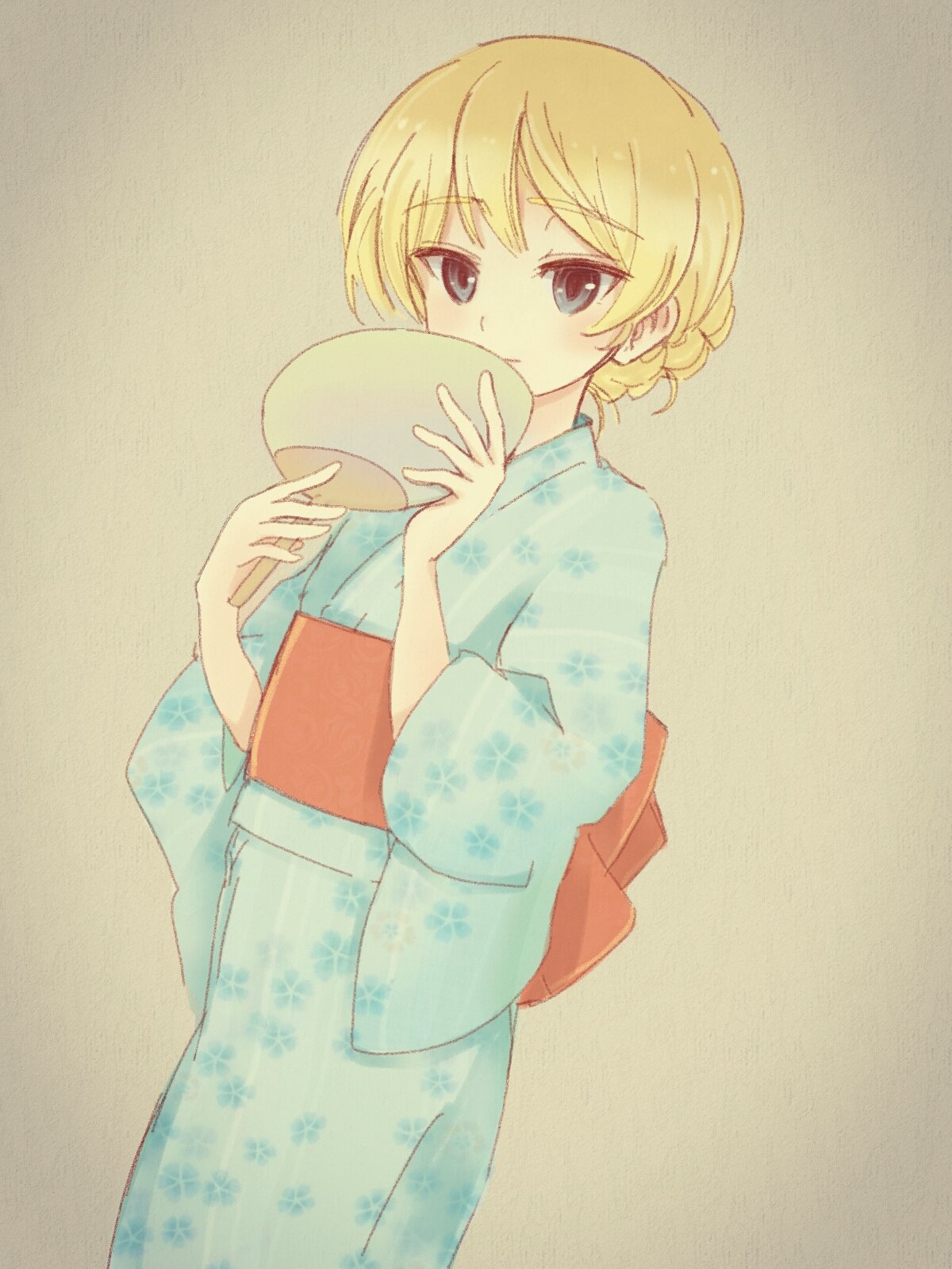 bangs blonde_hair blue_eyes blue_kimono braid brown_background catchphrase closed_mouth commentary cowboy_shot darjeeling dutch_angle eyebrows_visible_through_hair fan girls_und_panzer highres holding japanese_clothes kimono kosame_koori light_smile long_sleeves looking_at_viewer obi paper_fan print_kimono sash short_hair solo standing tied_hair traditional_media twin_braids wide_sleeves