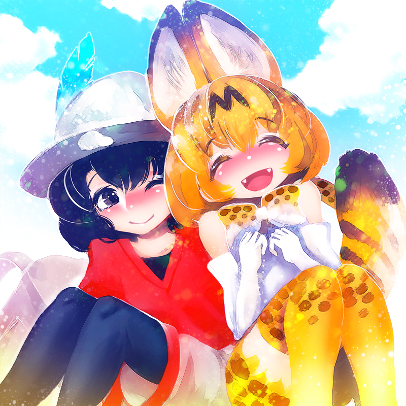 :d ;) ^_^ animal_ear_fluff animal_ears bangs black_eyes black_hair black_legwear blue_sky closed_eyes cloud day elbow_gloves eyebrows_visible_through_hair fangs gloves hakkasame hat hat_feather kaban_(kemono_friends) kemono_friends looking_at_another multiple_girls one_eye_closed open_mouth orange_hair outdoors pantyhose pantyhose_under_shorts red_shirt serval_(kemono_friends) serval_ears serval_print serval_tail shirt short_hair shorts sky smile striped_tail tail thighhighs white_gloves white_hat white_shorts yellow_legwear zettai_ryouiki