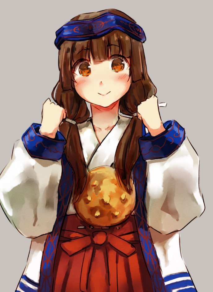amayadori_machi blush brown_eyes brown_hair closed_mouth grey_background hakama headband japanese_clothes kumamiko long_hair long_sleeves looking_at_viewer low_twintails miko noccu red_hakama simple_background smile solo twintails upper_body