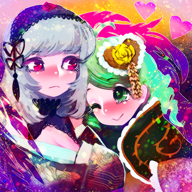 :&gt; bangs black_ribbon breasts cleavage closed_mouth drill_hair eyebrows_visible_through_hair floral_print flower frown green_eyes green_hair grey_hair hair_ornament hairband hakkasame heart kanaria large_breasts lolita_hairband long_hair looking_at_another multiple_girls red_eyes red_flower red_rose ribbon rose rozen_maiden smile suigintou tassel yellow_flower yellow_rose
