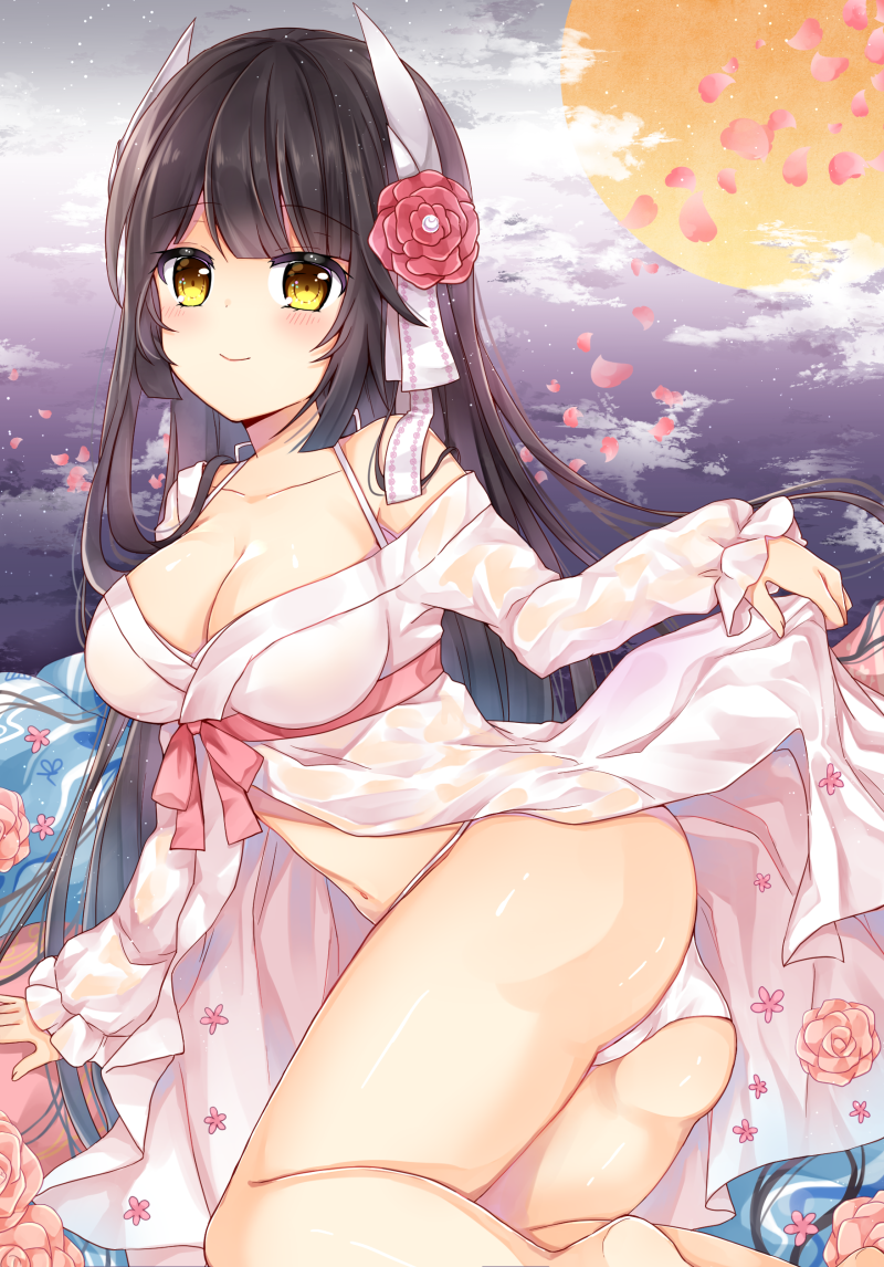 arm_support ass azur_lane bangs bare_legs bare_shoulders barefoot blush breasts brown_eyes brown_hair cleavage closed_mouth cloud collarbone commentary_request eyebrows_visible_through_hair feet_out_of_frame fingernails flower full_moon hair_flower hair_ornament hiei_(azur_lane) japanese_clothes kimono large_breasts long_hair long_sleeves moon navel open_clothes open_kimono panties petals puffy_long_sleeves puffy_sleeves red_flower shikino_(sikinonono) sleeves_past_wrists smile solo underwear very_long_hair white_kimono white_panties