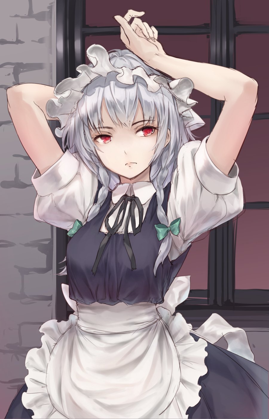apron arm_behind_head arms_up bangs black_neckwear black_ribbon blue_skirt blue_vest bow braid breasts brick_wall commentary_request cowboy_shot eyebrows_visible_through_hair frilled_apron frills green_bow hair_bow highres izayoi_sakuya maid maid_apron maid_headdress medium_breasts neck_ribbon puffy_short_sleeves puffy_sleeves red_eyes ribbon shirt short_hair short_sleeves silver_hair skirt skirt_set solo standing touhou twin_braids usotsuki_penta vest waist_apron white_apron white_shirt window wing_collar