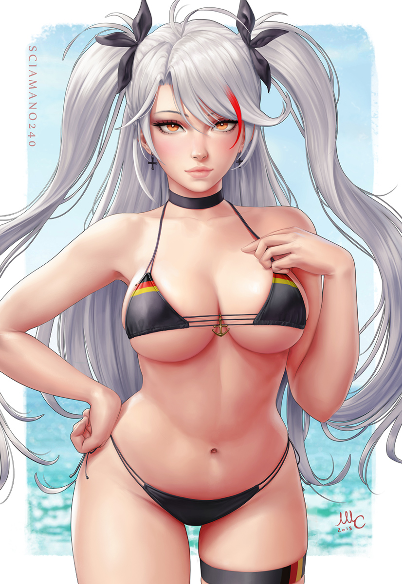 anchor antenna_hair armpits artist_name azur_lane bangs bare_arms bare_shoulders bikini black_choker black_ribbon blue_sky blurry blurry_background blush border breasts bright_pupils choker cleavage closed_mouth collarbone commentary cowboy_shot cross cross_earrings dated earrings english_commentary flag_print german_flag_bikini grey_hair groin hair_ribbon hand_on_hip hand_on_own_chest hand_up highres italian_commentary jewelry large_breasts lips long_hair looking_at_viewer mole mole_on_breast multicolored_hair navel ocean orange_eyes outside_border pink_lips prinz_eugen_(azur_lane) red_hair ribbon sciamano240 shiny shiny_hair side-tie_bikini signature skin_tight sky smile solo stomach straight_hair streaked_hair string_bikini swept_bangs swimsuit thigh_strap thighs two_side_up underboob very_long_hair water white_border
