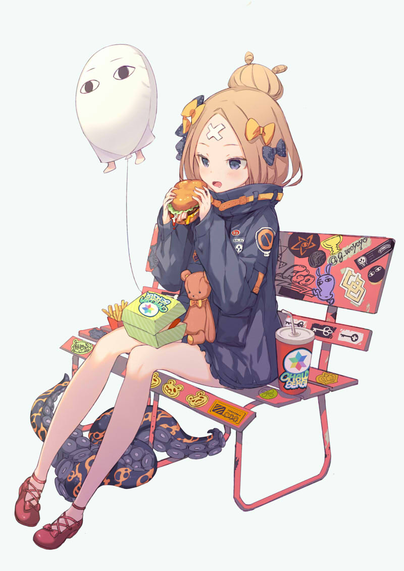 abigail_williams_(fate/grand_order) balloon bangs bare_legs belt bench bendy_straw black_bow black_jacket blonde_hair blue_eyes blush bow crossed_bandaids cup disposable_cup drinking_straw drooling eating fate/grand_order fate_(series) food french_fries full_body gin_(oyoyo) graffiti grey_background hair_bow hair_bun hamburger hand_up heroic_spirit_traveling_outfit holding holding_food jacket long_sleeves medjed on_bench open_mouth orange_bow park_bench parted_bangs polka_dot polka_dot_bow red_bow red_footwear saint_quartz saliva shoes simple_background sitting sleeves_past_wrists solo stuffed_animal stuffed_toy suction_cups teddy_bear tentacles