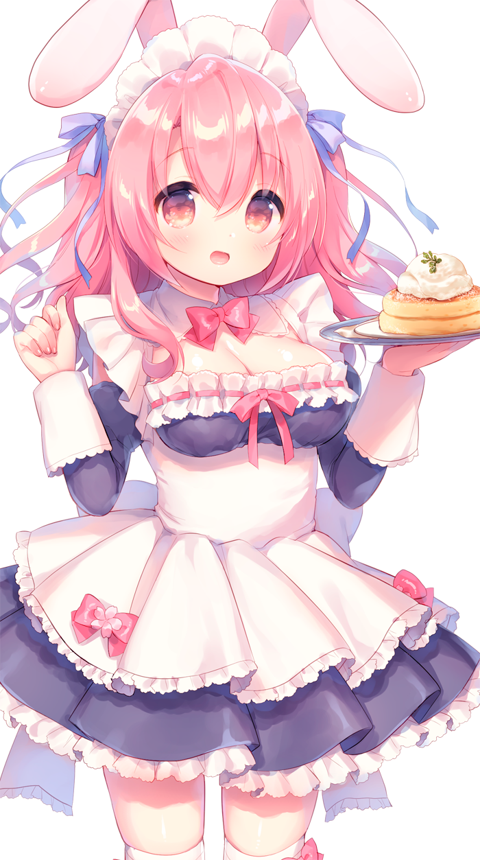 :o animal_ears apron bangs black_dress blue_ribbon blush bow bowtie breasts brown_eyes bunny_ears cleavage commentary_request dress eyebrows_visible_through_hair fingernails food hair_between_eyes hair_ribbon hands_up highres holding holding_tray juliet_sleeves long_hair long_sleeves maid maid_apron maid_headdress medium_breasts original pancake pink_hair plate pleated_dress puffy_sleeves red_neckwear ribbon sakura_(usashiro_mani) simple_background solo stack_of_pancakes thighhighs tray usashiro_mani white_apron white_background white_legwear