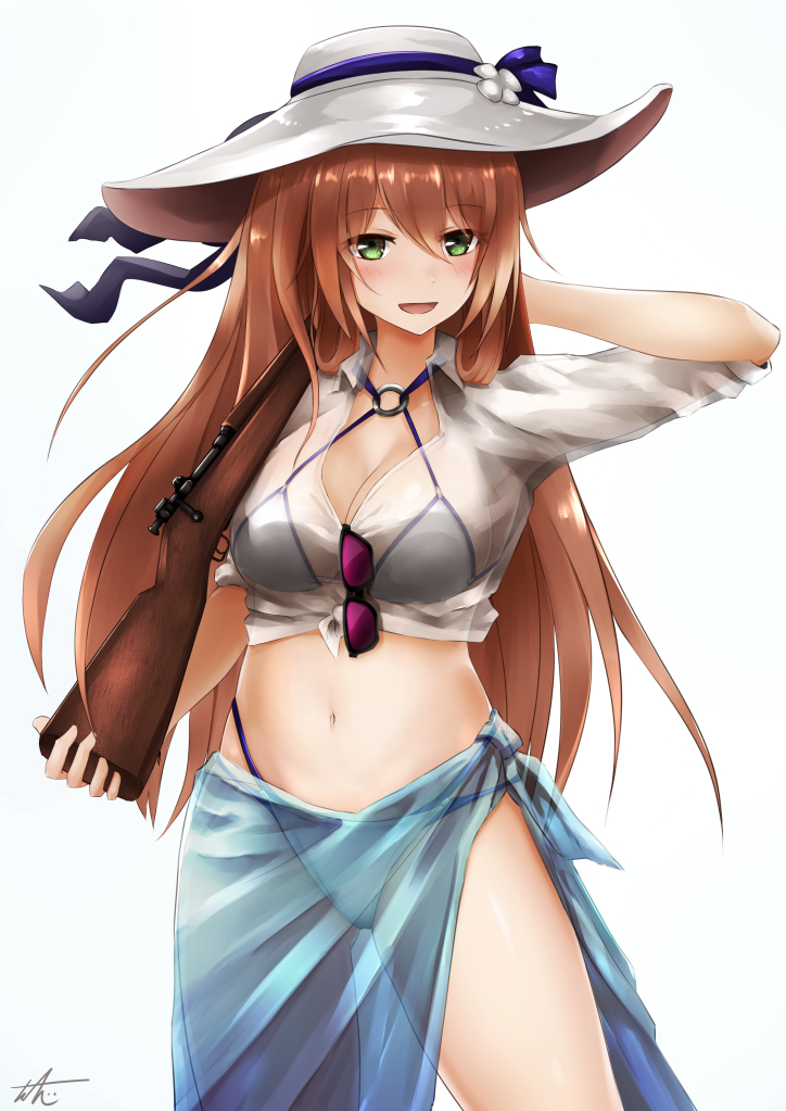 alternate_costume bangs bikini blush bolt_action breasts brown_hair cleavage collarbone commentary eyebrows_visible_through_hair eyewear_hang eyewear_removed girls_frontline green_eyes gun hair_between_eyes hair_ribbon hair_rings hand_behind_head hat hat_ribbon highleg highleg_bikini holding holding_gun holding_weapon large_breasts long_hair looking_at_viewer m1903_springfield m1903_springfield_(girls_frontline) navel o-ring o-ring_top open_mouth ribbon rifle sarong see-through shirt sidelocks simple_background smile solo standing stomach sun_hat sunglasses swimsuit tied_shirt tosaka0002 weapon white_background white_shirt
