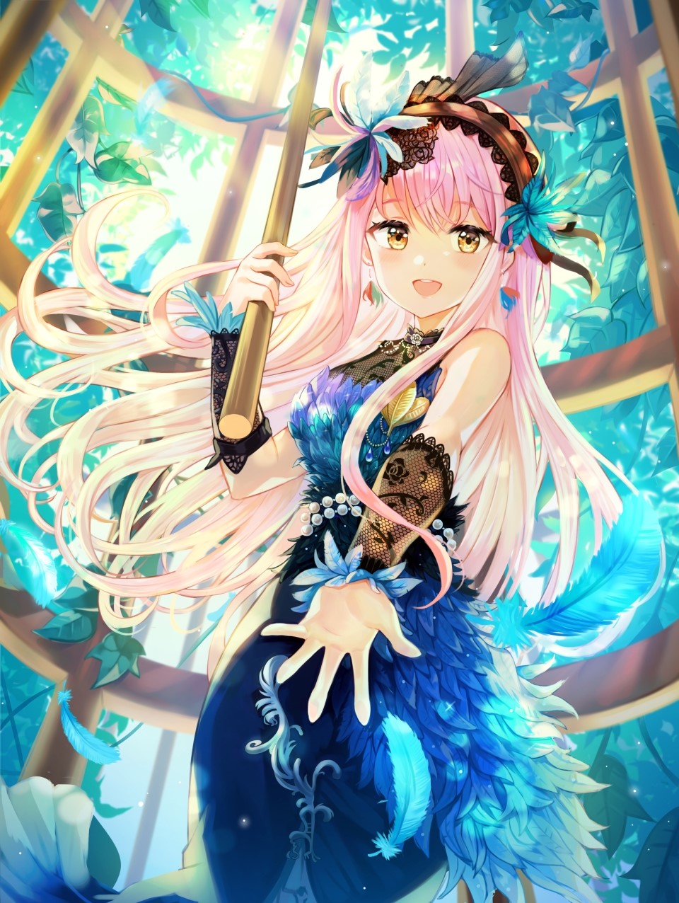 :d arm_warmers bang_dream! bangs blue_dress blue_feathers commentary_request dress eyebrows_visible_through_hair feathers hair_feathers handband highres holding jewelry lace long_hair minato_yukina open_mouth outstretched_hand pearl plant round_teeth sleeveless sleeveless_dress smile solo teeth tokkyu_(user_mwwe3558) upper_teeth vines yellow_eyes yellow_feathers